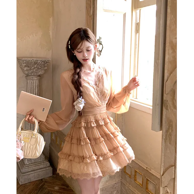 【小美】大码女装蕾丝V领木耳边长袖连衣裙法式复古气质裙子12699