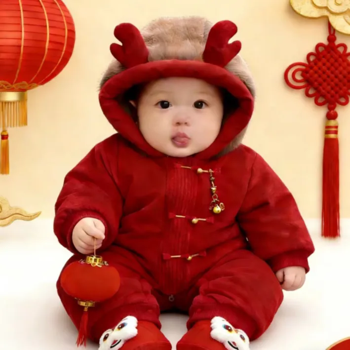 婴幼儿可爱宝宝外出服装新年款式拜年绒帽龙角棉哈衣