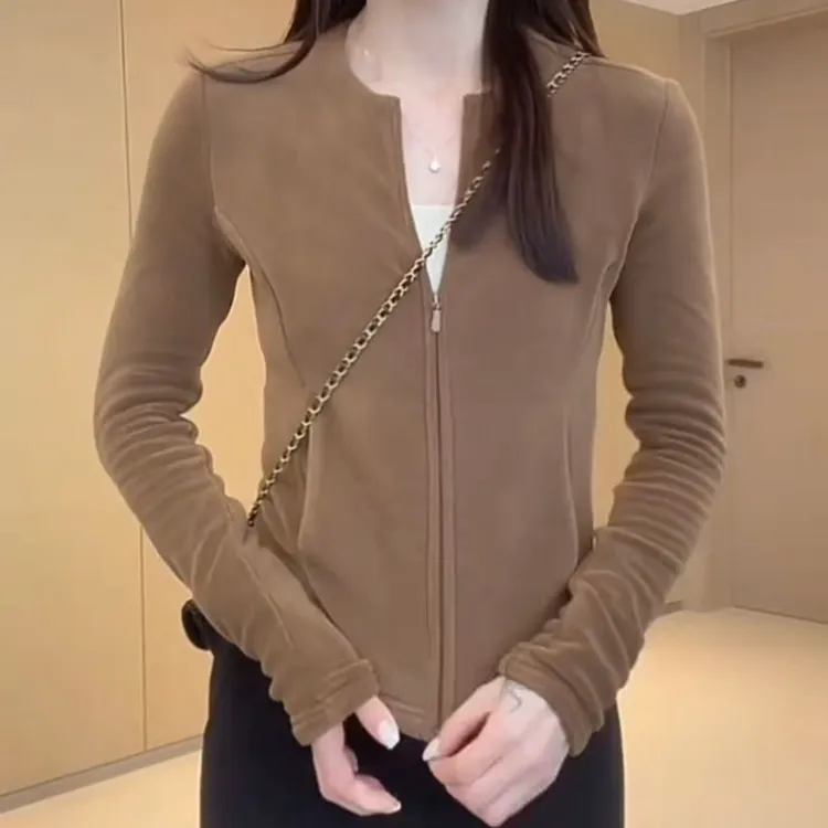双拉链加绒打底衫女秋冬2025年新款休闲卫衣外套修身百搭长袖上衣