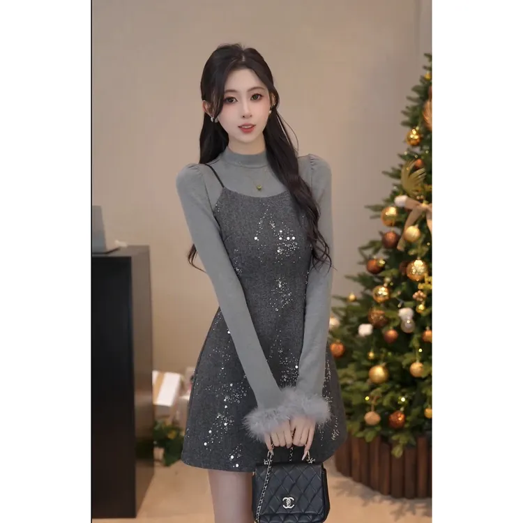 YUANLIANSU/圆脸酥【指尖精灵】千金风打底衫+钉珠吊带裙两件套女