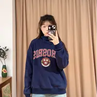 85849余小鱼【徽章卫衣】藏青色立领字母一体绒休闲长袖卫衣女装