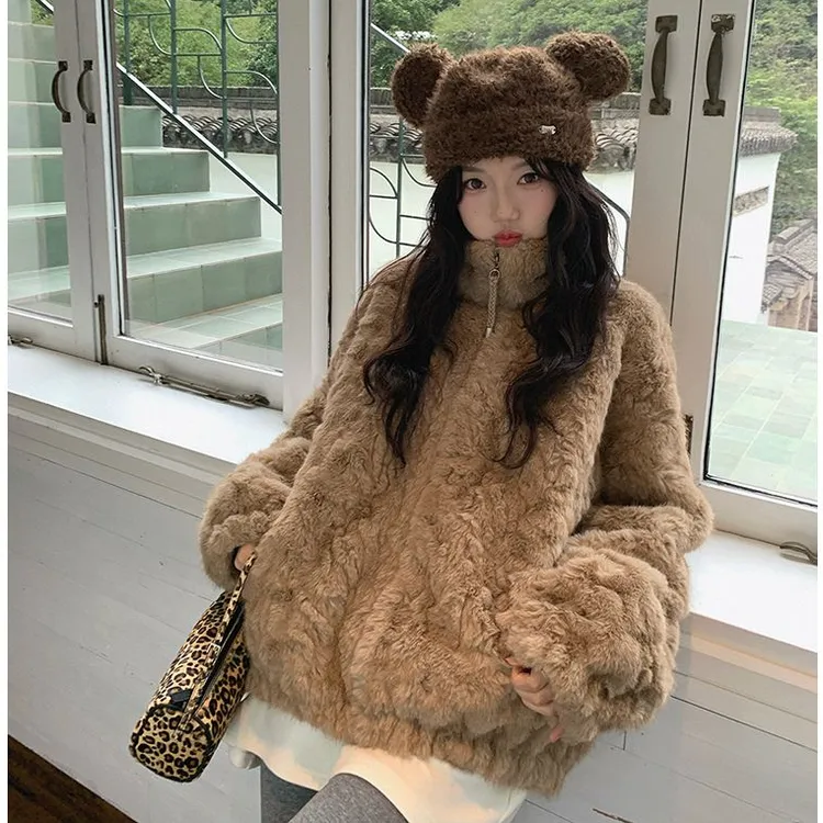 【现货+运费险】秋冬小湖羊仿皮毛一体毛毛外套立领环保加厚款YY308