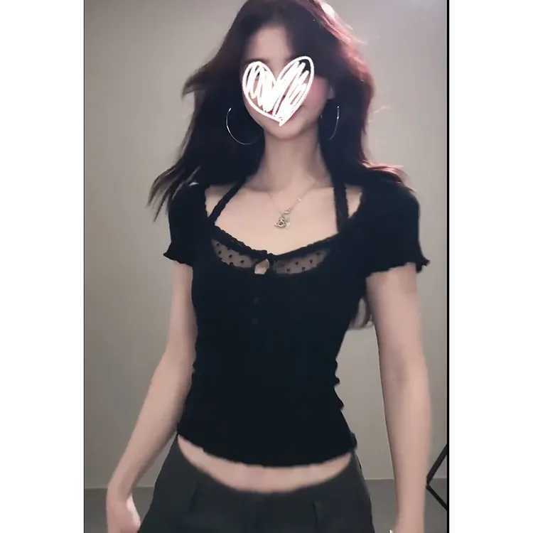 艺等2025夏季新款时尚洋气设计感蕾丝拼接T恤修身显瘦纯欲上衣女