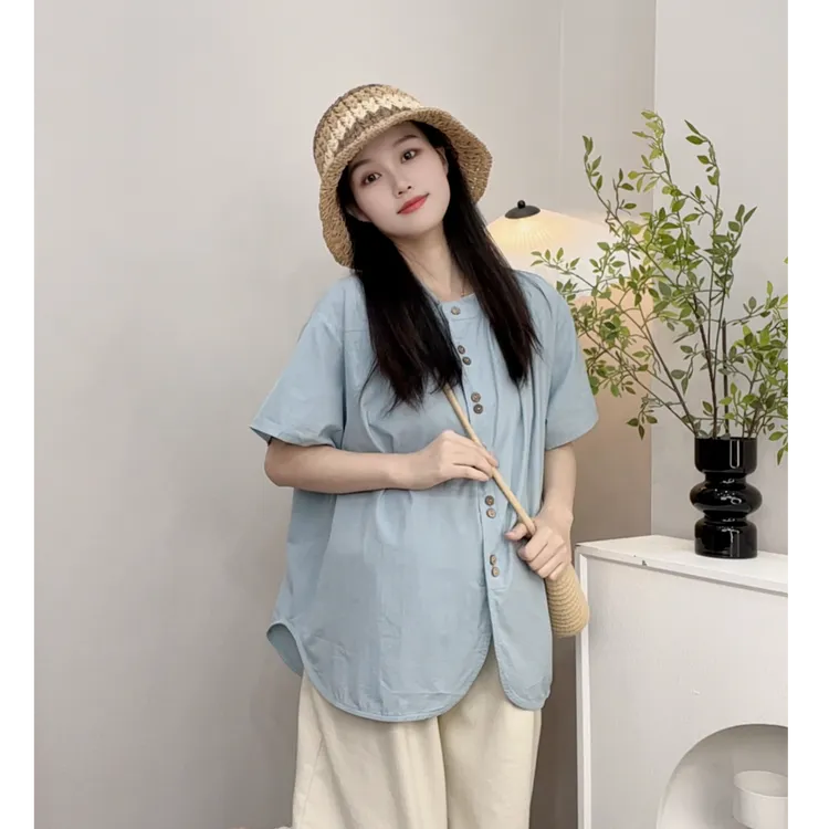 孕妇衬衫夏季薄款设计感双扣开叉纯棉宽松舒适孕妇上衣