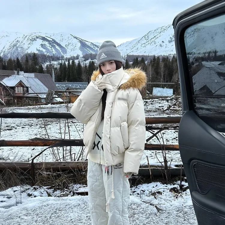 美式复古可拆连帽冬季PU皮棉服女加厚保暖高级感毛领派克夹克外套