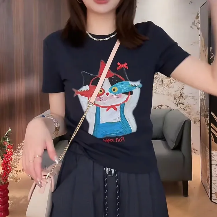 2025夏装新款藏青色短袖T恤女时尚洋气百搭圆领卡通休闲半袖上衣