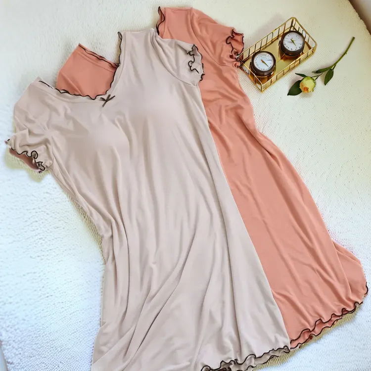 莫代尔带胸垫睡裙女短袖夏天薄款宽松有弹力柔软睡衣家居服可外穿