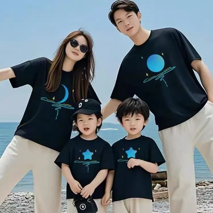 亲子套装一家三四口短袖t恤2025夏天新款旅游母女子棉高级感宽松