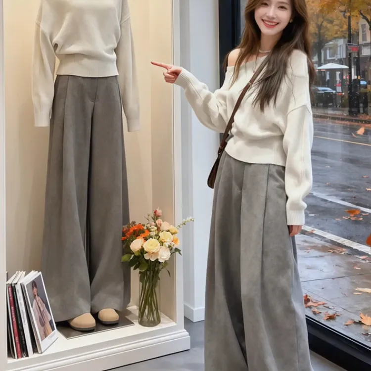 秋日小个子ootd减龄穿搭一整套女巨好看大方得体上衣阔腿裤两件套