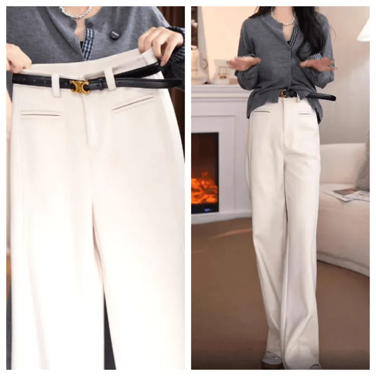 醋酸羊毛呢休闲裤白色女秋冬新款加厚高腰宽松直筒裤窄版阔腿裤