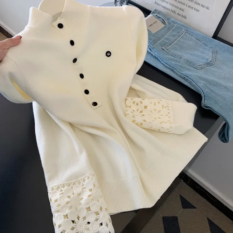 蕾丝设计感立领长袖针织衫女秋冬甜美气质内搭打底时尚可外穿上衣