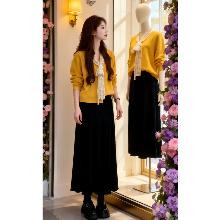 秋季穿搭一整套女2025新款气质蕾丝系带针织衫搭显瘦半身裙两件套
