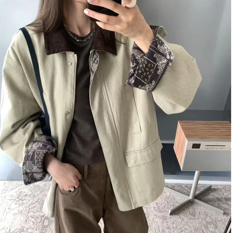 老钱风撞色拼接翻领风衣外套女秋2025新款复古休闲气质中长款夹克
