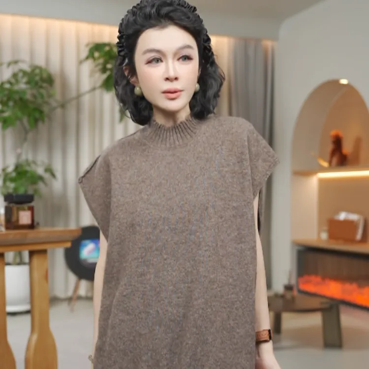 牦牛绒绵羊毛做旧手工毛边小圆领针织背心ZZ0962