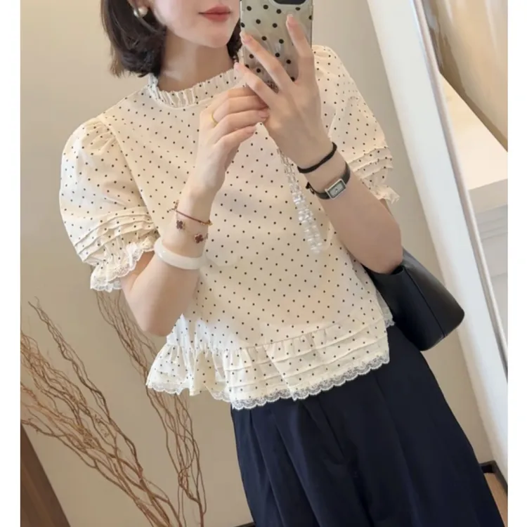 韩系圆领蕾丝拼接衬衫甜美百搭花边压褶上衣9630