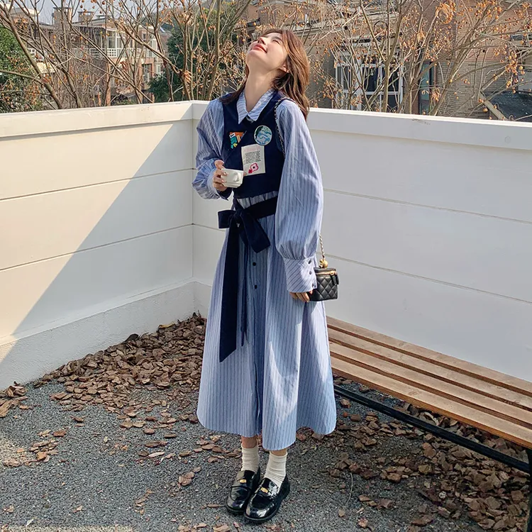 学院风假两件条纹连衣裙女2025秋季新款韩版miu系收腰显瘦衬衫裙