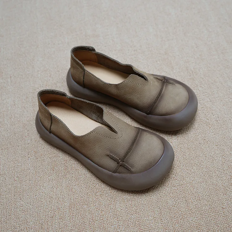 套脚休闲皮鞋真皮软底皮鞋复古平底软底单鞋浅口夏季舒适百搭