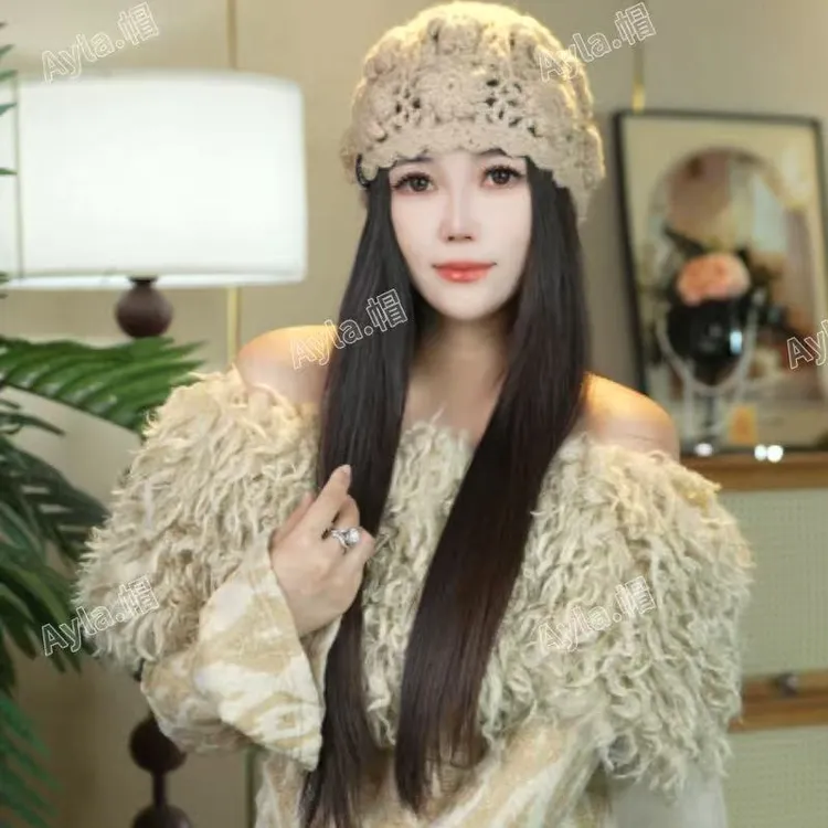 AYLA2025新款手工立体花编织帽子女包头帽秋冬季钩花针织毛线帽潮