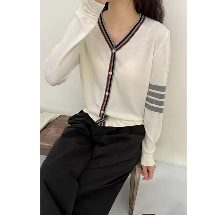 早秋新款ins风V领宽松百搭撞色长袖气质羊毛针织开衫上衣女1278-2