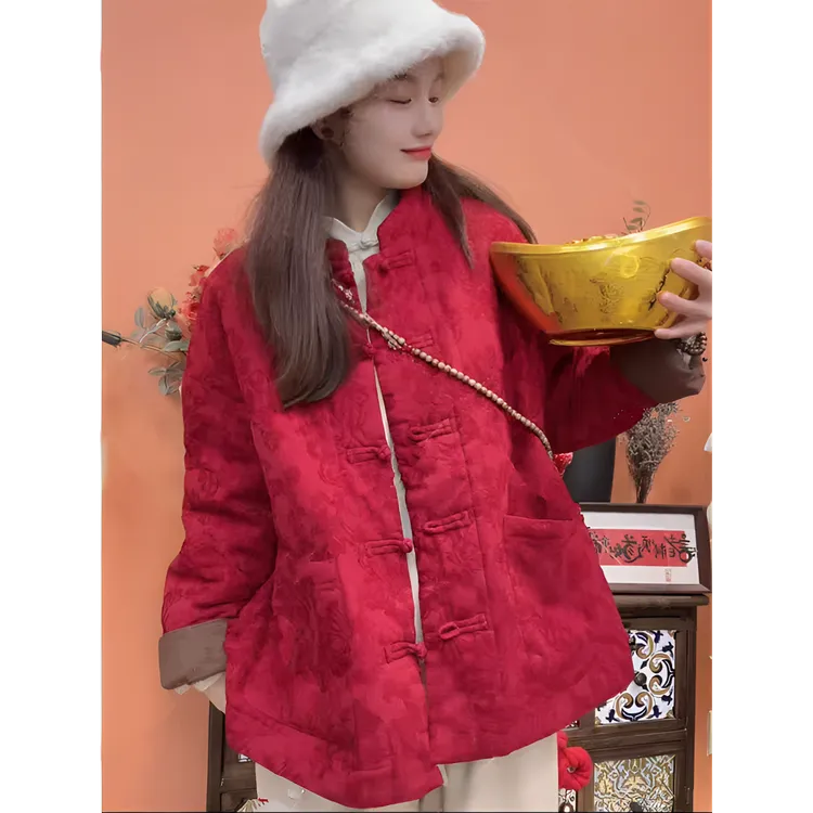 红色喜庆系列冬季厚款宽松新中式保暖棉服气质国风刺绣夹棉外套潮