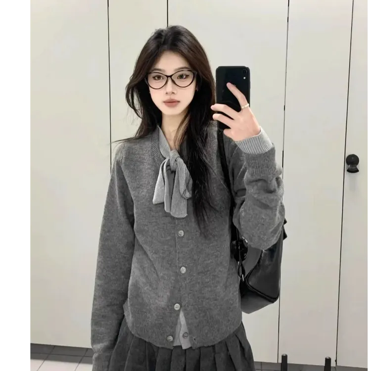 灰色格雷系穿搭假两件蝴蝶结针织衫上衣女开衫春秋高级感毛衣外套