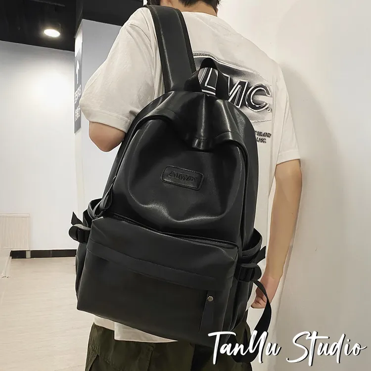 探屿双肩包男新款潮牌ins复古PU皮质背包旅行电脑包大学生书包女