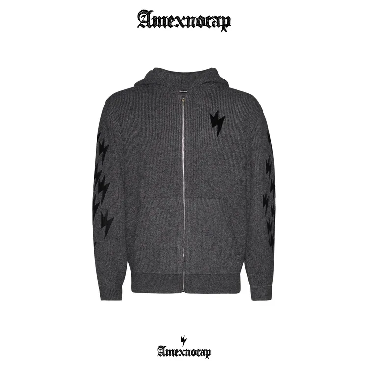 Amexnocap闪电牛灰色拉链毛衫秋冬轻奢高级美式男女同款