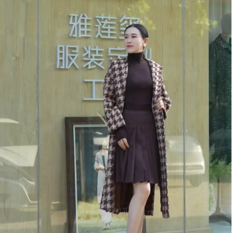 法式做旧格子宽松带帽外套女装千鸟格风衣