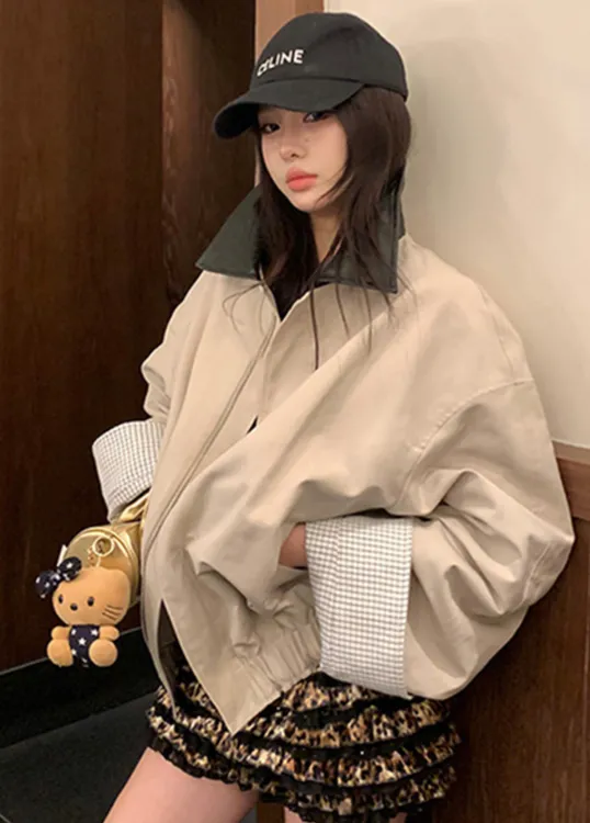 2570-S新款美式复古休闲宽松拼接夹克2025女装秋上新翻领工装外套