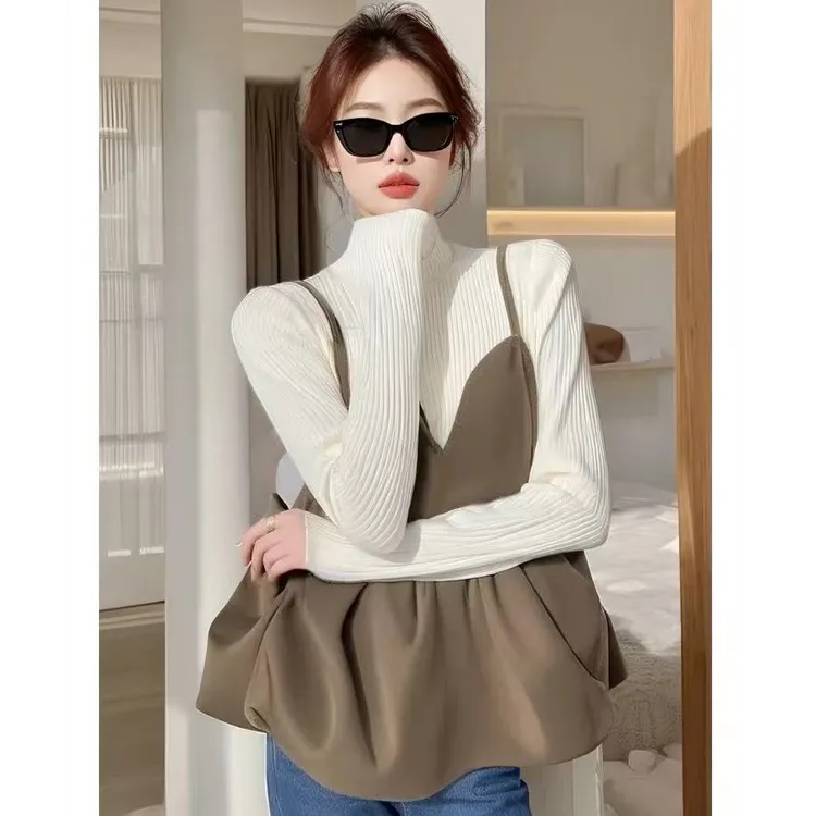 2025春季新款爆款内搭衬衫独特漂亮超好看时尚咖色吊带娃娃衫套装