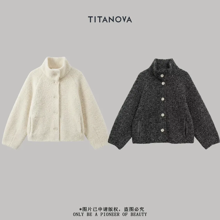 【宁不凡】羊咩咩|100羊毛复古翻立领颗粒肌理感开衫外套N5MY1202Q