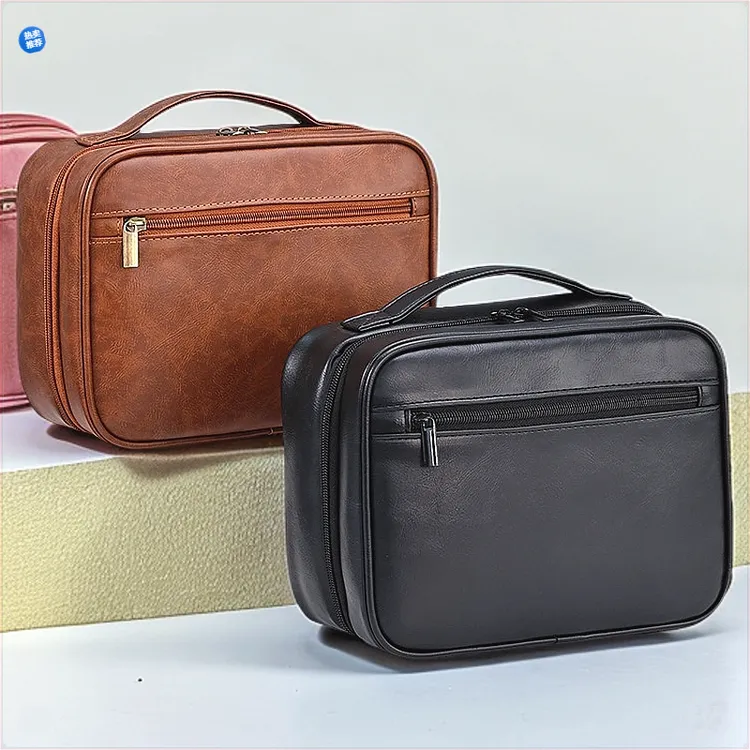 洗漱包复古男士出差旅行高端PU化妆品收纳包大容量手提游泳洗澡包