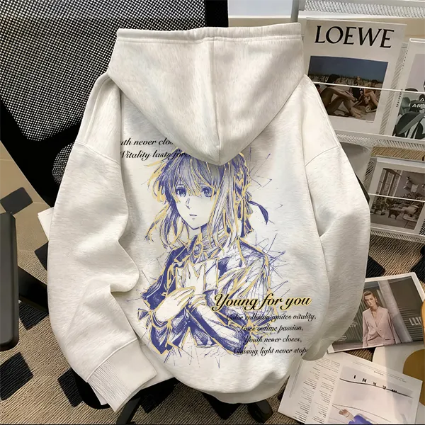 重磅500克纯棉紫罗兰永恒花园薇尔莉特动漫印花连帽卫衣oversize