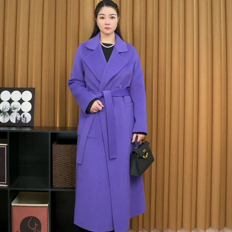 100%羊毛大衣浴袍腰带款女士大衣宽松时尚遮肉休闲百搭女士外套