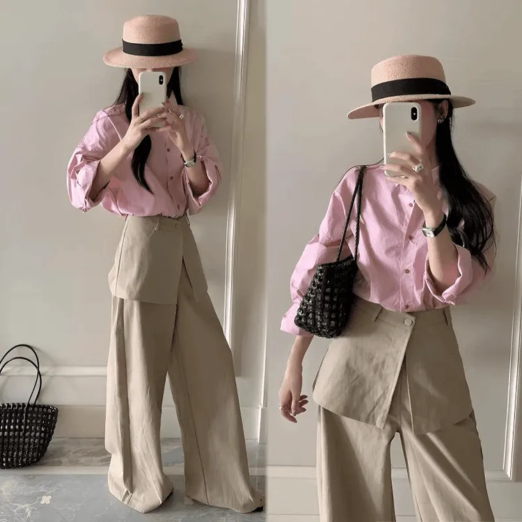 2026韩系早秋气质新款小众百搭长袖粉衬衫上衣搭屁帘阔腿裤时尚女