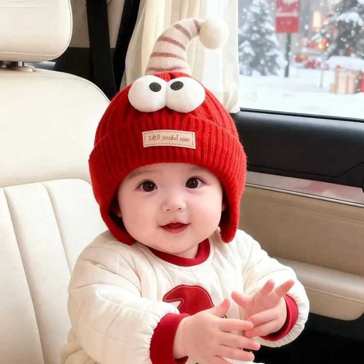 婴儿帽子冬天毛线帽可爱超萌婴幼儿加厚保暖护耳帽男女宝宝帽子红
