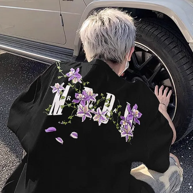 藤蔓花卉短袖t恤男款夏季潮牌潮流半袖美式高街复古重磅情侣上衣