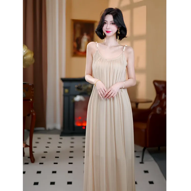 【大晶定制】夏季新款网纱气质度假风长款慵懒吊带连衣裙