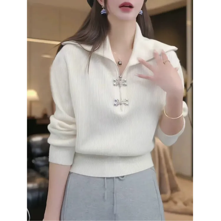 2025秋冬新款气质简约高级感轻奢上衣欧货时髦翻领针织毛衣女T861