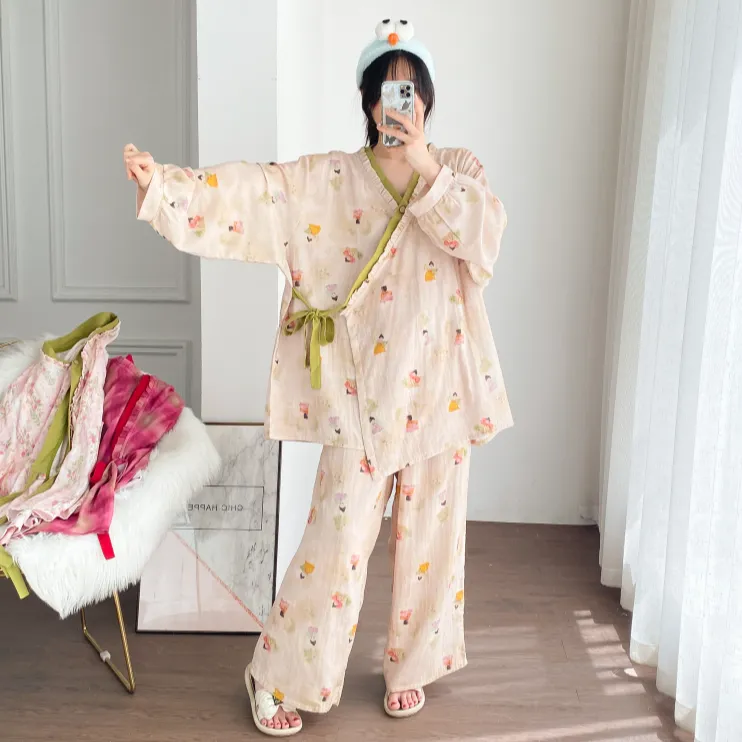 纯棉加大码双层纱汉服睡衣开衫宽松孕产妇胖MM长袖长裤哺乳家居服
