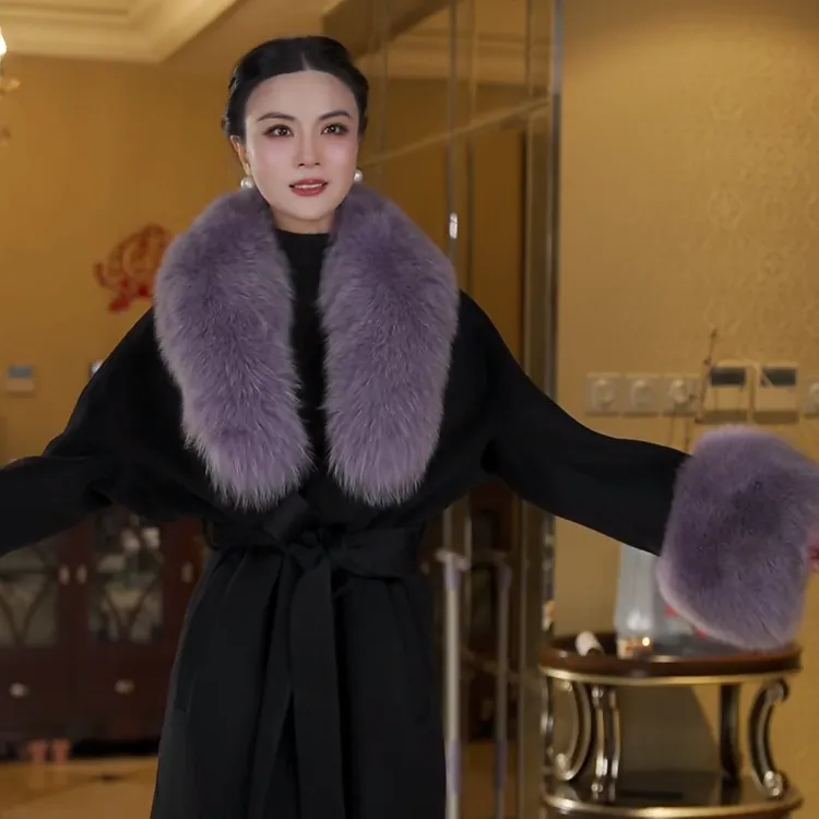 魏元高定/保暖长款羊绒加厚黑色翻毛领大衣-1057