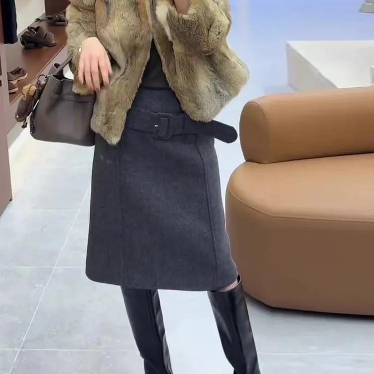 灰色毛呢中裙冬季洋气百搭气质开叉半裙