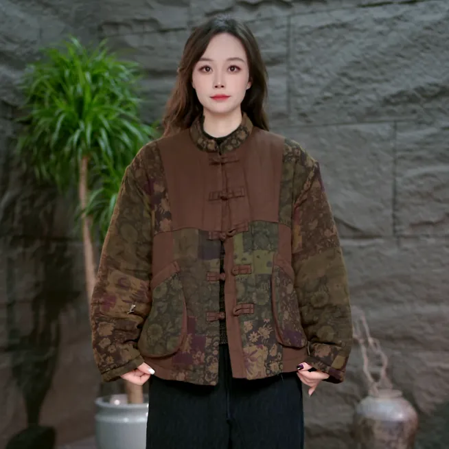【复古拼接盘扣棉服】休闲百搭民族风加厚棉袄做旧大码女装棉衣