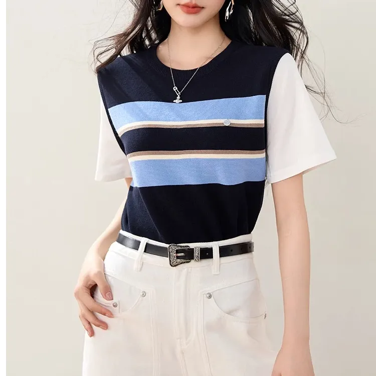 条纹小个子圆领正肩短款上衣韩系撞色拼接针织半袖2025春季新款
