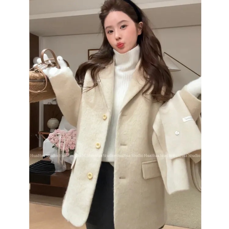 【花花】大女主~韩代同款绵羊绒百搭气质简约减龄单排扣西装外套