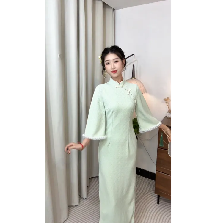 【青音】南瓜专属新款改良日常秋款长袖国风水绿色素雅新中式旗袍