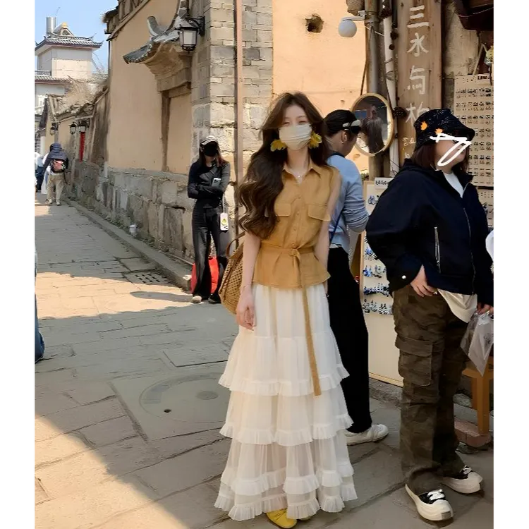 时尚洋气衣服女女款韩系无袖衬衫搭配蛋糕半身裙绝美套装文艺裙子