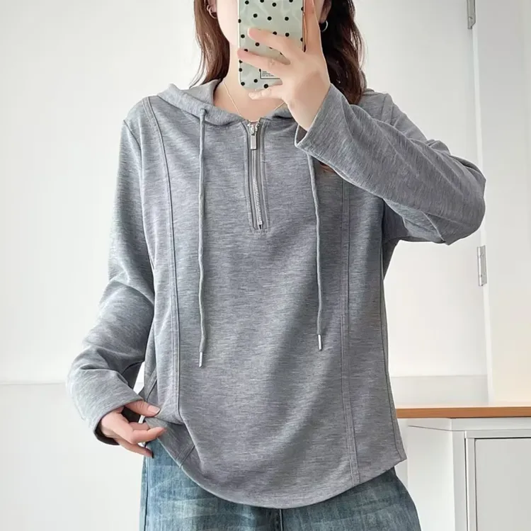微胖MM早秋新款纯色半拉链连帽长袖卫衣女大码宽松百搭打底衫T恤