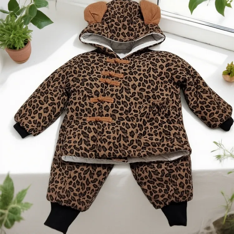 冬季加厚豹纹加绒连帽套装家居服