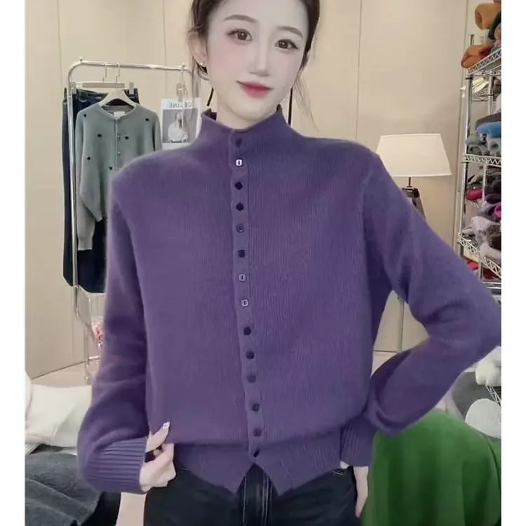 立领纯色针织开衫秋冬新款洋气时尚百搭毛衣外套女单排扣宽松上衣